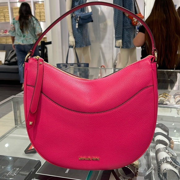 Michael Kors Dover Large Leather Top Zip Half Moon Shoulder Bag in Electric Pink - Picture 11 of 16